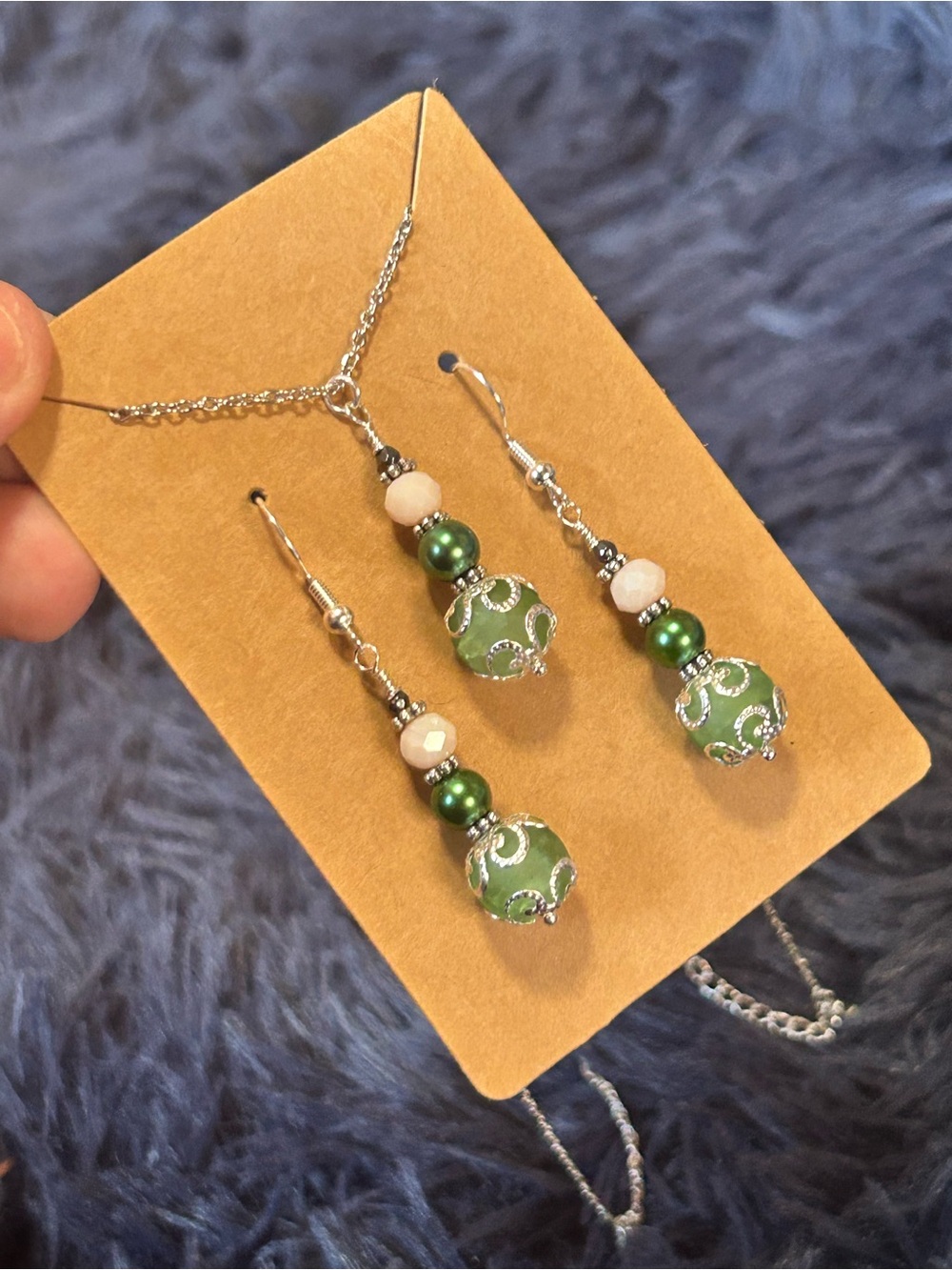 Handcrafted green crackle glass pearl crystal necklace and earring set